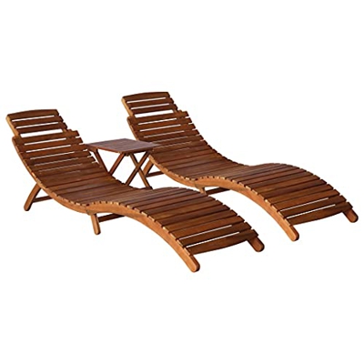 Mogou Set de tumbonas con mesita, Tumbonas Jardin Exterior, Hamacas Y Tumbonas Jardin, Tumbona Playa, Tumbona Terraza, 3 Piezas,Madera Maciza de Acaci