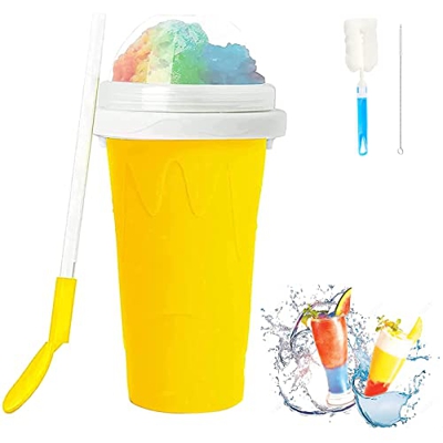 Frozen Magic Slushy Maker Cup 350ml Slush Ice Maker, Tazas De Granizado Reutilizables con Cuchara De Paja Y Tapa para Hacer Helados,Yellow