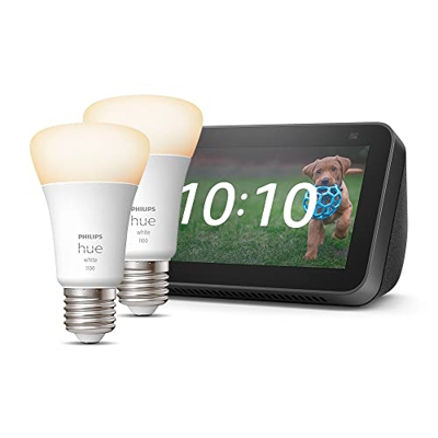 Echo Show 5 (2.ª generación, modelo de 2021), Antracita + Philips Hue White Bombilla Inteligente (E27), Pack de 2, compatible con Alexa - Kit de inici