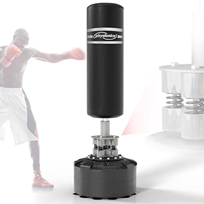 Physionics® Saco de boxeo de pie, relleno de 175 cm, para adultos y adolescentes, Muay Thai, MMA y Kickboxing, con base de ventosa, color negro
