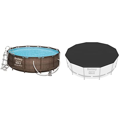 Bestway Power Steel Deluxe 366 x 100 cm, Piscina Redonda con Marco de Acero Estable en Juego Completo, ratán + 58037 - Cobertor Invierno para Piscina 