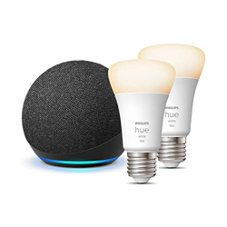 Echo Dot (4.ª generación), Antracita + Philips Hue White Bombilla Inteligente (E27), Pack de 2, compatible con Alexa - Kit de inicio de Hogar digital en oferta