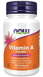 Now Foods Vitamina A 10000IU, 3000mcg, de palmitato de retinol y aceite de hígado de bacalao, alta dosis, 100 cápsulas, Probado en Laboratorio, Sin Gl características