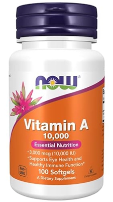 Now Foods Vitamina A 10000IU, 3000mcg, de palmitato de retinol y aceite de hígado de bacalao, alta dosis, 100 cápsulas, Probado en Laboratorio, Sin Gl