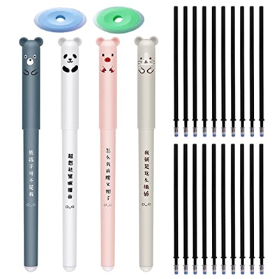 Bolígrafo de gel borrable oso con forma de animal, bolígrafo de gel borrable negro con 20 recargas con goma, 0,35 mm, para niños, estudios adultos