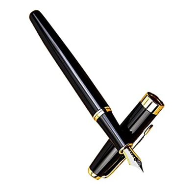 Obelunrp Pluma estilográfica clásica de Acero Inoxidable Pluma estilográfica Duradera Plumas de caligrafía de Negocios con plumín Dorado Medio (Negro)