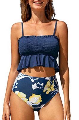 CUPSHE Conjunto de Bikini para Mujer de Talle Alto Estampado Floral Volante Traje de Baño de Dos Piezas, M