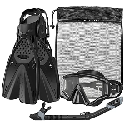 Juego de esnórquel Máscara de esnórquel de vidrio templado antivaho resistente a los impactos Snorkel completamente seco Aletas de buceo ajustables pa