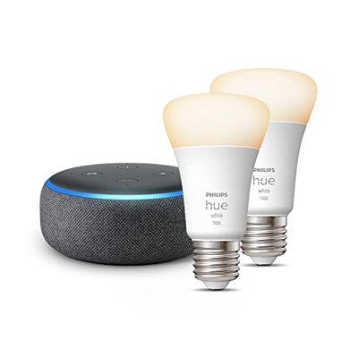 Echo Dot (3.ª generación), Tela de color antracita + Philips Hue White Bombilla Inteligente (E27), Pack de 2, compatible con Alexa - Kit de inicio de 