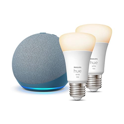 Echo Dot (4.ª generación), Azul grisáceo + Philips Hue White Bombilla Inteligente (E27), Pack de 2, compatible con Alexa - Kit de inicio de Hogar digi