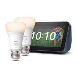 Echo Show 5 (2.ª generación, modelo de 2021), Azul + Philips Hue White Bombilla Inteligente (E27), Pack de 2, compatible con Alexa - Kit de inicio de  características