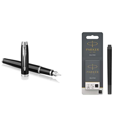PARKER IM, pluma estilográfica lacada en negro con adorno cromado+ recambios para plumas estilográficas, cartuchos largos, tinta negra, paquete de 10 en oferta