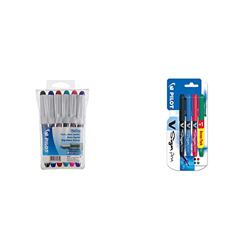Pilot - V-PEN - Juego de plumas estilográficas desechables (6 unidades, 0,5 mm, 6 colores) + V-sign - Juego de bolígrafos (4 unidades), color negro, a características