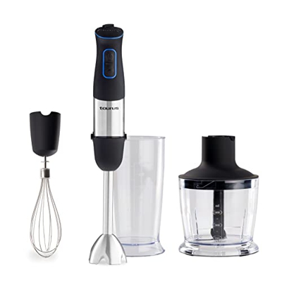 Taurus Batidora de mano con 1000W de potencia, 20 velocidades, función Turbo, diseño anti salpicaduras, cuchillas de acero inoxidable de 4 filos, acce