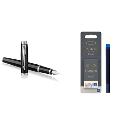 PARKER IM, pluma estilográfica lacada en negro con adorno cromado + recambios para plumas estilográficas, cartuchos largos de tinta azul lavable, paqu