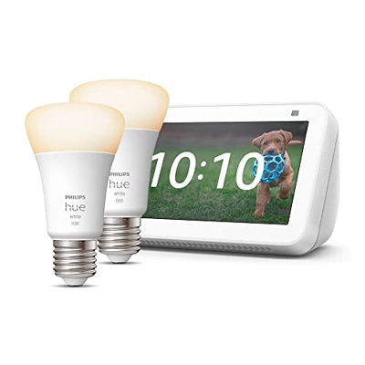 Echo Show 5 (2.ª generación, modelo de 2021), Blanco + Philips Hue White Bombilla Inteligente (E27), Pack de 2, compatible con Alexa - Kit de inicio d