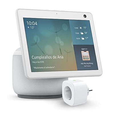 Echo Show 10 (3.ª generación), Blanco + Meross Smart Plug (enchufe inteligente WiFi), compatible con Alexa - Kit de inicio de Hogar digital