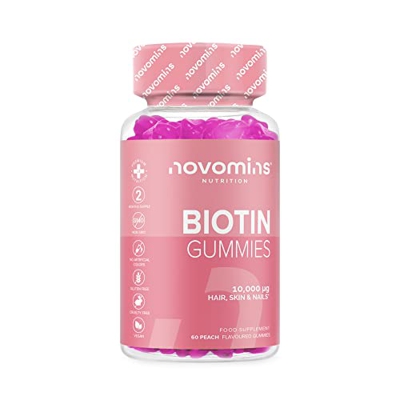 Novomins Biotina Gominolas – Biotina 10000 mcg Crecimiento del Cabello – Suministro para 2 Meses – Vitaminas para el Cabello – Veganas – Biotina para 
