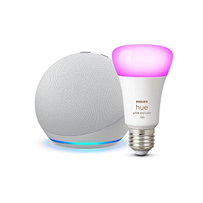 Echo Dot (4.ª generación), Blanco + Philips Hue White and Color Bombilla Inteligente (E27), compatible con Alexa - Kit de inicio de Hogar digital