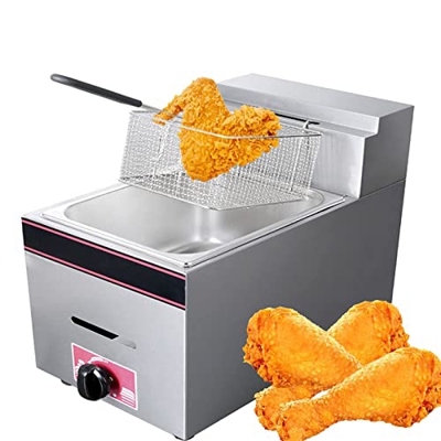 Freidora de gas de acero inoxidable, freidora LPG comercial, freidora individual de gran capacidad de 10 l, control de temperatura ajustable, freidora