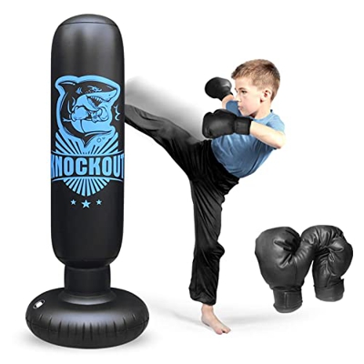 FMOPQ Sacos de Boxeo Saco de Boxeo para niños, Saco de Boxeo con Guantes, Saco de Boxeo Inflable Independiente de 55 Pulgadas, Rebote para Practicar K