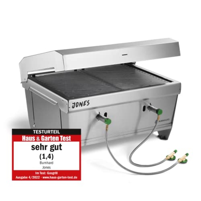 BURNHARD Jones Barbacoa de Gas Plegable de Acero Inoxidable, Barbacoa portátil con Tapa, Multiherramienta y Bolsa, 2 quemadores con una Potencia Total