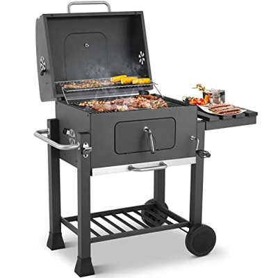 Barbacoa de carbón vegetal con ruedas XXL, 116,3 x 105,5 x 55,7 cm, gris, parrilla de carbón vegetal con tapa y ruedas, barbacoa de carbón para campin