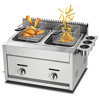 Freidora De Gas Comercial, Freidora Profesional De GLP, con Cestas Desmontables Y Condimento, Potencia De Fuego Ajustable, Acero Inoxidable, para Chip