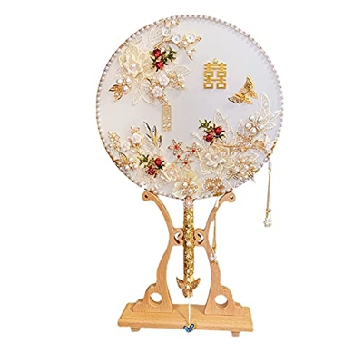 Fan Uterine Fan Bridal Fan Retro Style Hanfu Fan Retro Style Hanfu Fan Jinzhu Metal Round Hand Fan Wedding Jewelry Suitable for Home Decoration White