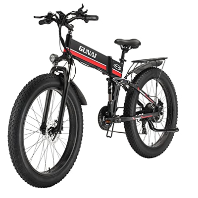 GUNAI Bicicleta Eléctrica Plegable Fat Tire Bicicleta de Nieve de 26 Pulgadas Asiento Trasero de Bicicleta Eléctrica de Montaña de 21 Velocidades (Roj