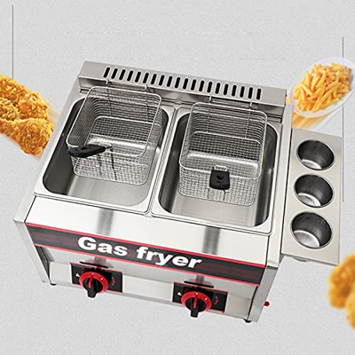 Freidora de gas de encimera, freidora de gas GLP de doble cilindro multifunción, máquina de papas fritas, freidora doble de gran capacidad de 22 l, co