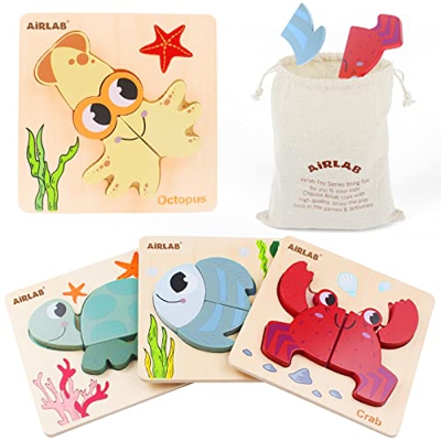 Airlab Puzzle de Madera Infantil, Rompecabezas de Animales Marinos, Juguetes Montessori Bebes para 1 2 3 4 Años, Aprendizaje Educativo Regalo de Cumpl