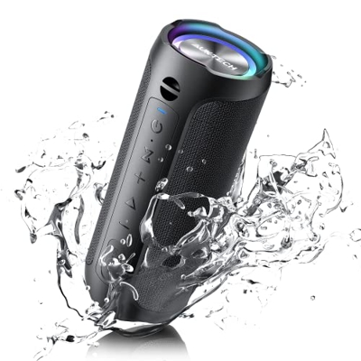 Altavoz Bluetooth Potente con Graves Enormes - AUKTECH Altavoces Portátiles Sonido Estéreo Fuerte, Luz LED Opcional, IPX7 Impermeable, Micrófono Incor