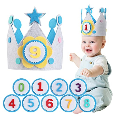 ECHOCUBE Sombreros de Fieltro Reutilizables para niños, Sombrero de Feliz cumpleaños Gris y Azul con Velcro Ajustable, Decoraciones para Fiestas de cu