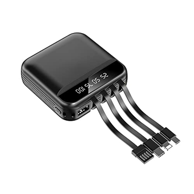 Mini Banco de energía móvil de 10000 mAh, con Pantalla Digital LED y Linterna LED, 4 Cables de Carga incorporados, admite Carga rápida 2.1A, Compatibl