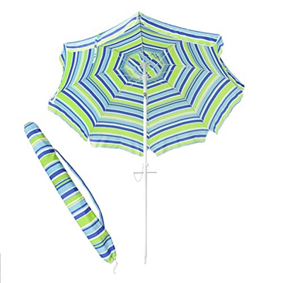 Sombrilla de playa portátil, sombrilla de playa a rayas de 6,6 pies / 200 cm con botón de inclinación, sombrilla resistente al viento con poste de alu