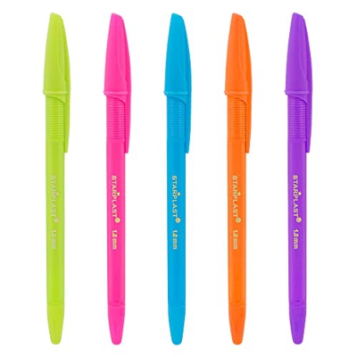 PACK 10 BOLÍGRAFOS STARPLAST - Bolígrafos con capuchón, 5 colores flúor, 100 unidades, antideslizante, con caja expositor, tinta azul, para uso escola