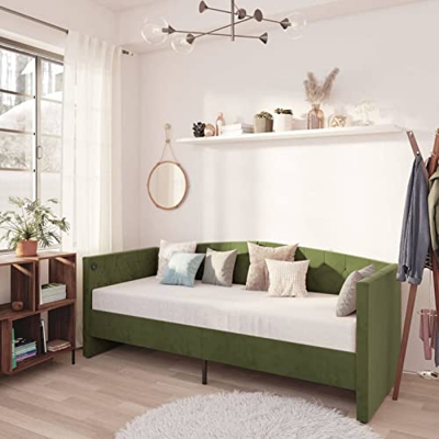 Gawany Cama de día con colchón individual, USB, color verde oscuro, terciopelo, 90 x 200 cm