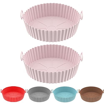 UIOP Air Fryer Silicone Baking Tray, 2PCS Reusable Air Fryer Silicone Liners Round, Non-Stick, Oil Proof, Easy Cleaning (Pink,Thickness 1.5mm)