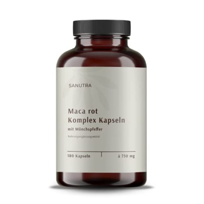 SANUTRA® Maca roja en cápsulas (180 x 750 mg), combinada con pimienta de monje, producción alemana, envase para 2 meses, vegano, sin aditivos