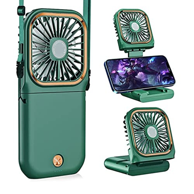 ILAXA Portable Handheld Personal Necklace Fan, 3 in 1 Foldable Mini Quiet USB Rechargeable Fan with Mobile Phone Bracket Function, 3000Mah Power Bank,