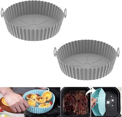 Air Fryer Silicone Baking Tray,Silicone Air Fryer Bowl,2PCS Reusable Non Stick Air Fryer Silicone Liners Round (Thickness 0.8mm,Gray)