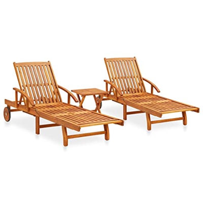 Hommdiy Juego de tumbonas con mesa de madera maciza de acacia (2 piezas)