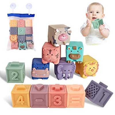 12Pcs Bebé Bloque Juguetes, Bestcool apilables Bloques de construcción Juguetes sensoriales para apretar Juguetes Coloridos para la dentición para beb