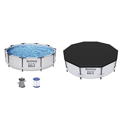 Bestway® Steel Pro MAX™ Set de Piscina con Bomba de Filtro, 305 x 76 cm, Redonda, Color Gris + 58036 - Cobertor Invierno para Piscina Desmontable Ø305