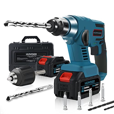 Martillo Percutor a bateria,HUWDER 21V SDS Martillo Perforador 4800BPM con Mandril Autorroscante,Seis Piezas de Taladro, dos Funciones,Martillos Eléct
