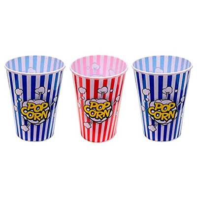 AC – Pack de 3 Cubo de palomitas de plástico a rayas, recipiente reutilizable para cine en casa, fiestas, celebraciones. (Color Surtido, 18 x 15 cm)