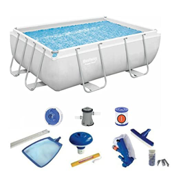 Pack Piscina Rectangular Bestway Frame 287x201x100 cm con Depuradora, Escalera, Kit de Limpieza, y Dispensador de Cloro en oferta