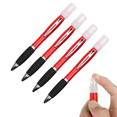 4Ud Bolígrafos con Pulverizador y Bote Vacío (3ml) Recargable para Perfume, Gel, Agua. Bolígrafo Retráctil con Punta 1.0mm, Empuñadura de Goma, Clip p