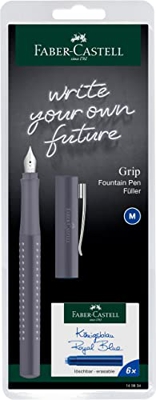 Faber-Castell 140834 Grip 2010 - Pluma estilográfica (ancho de trazo M, incluye 6 cartuchos de tinta azul)